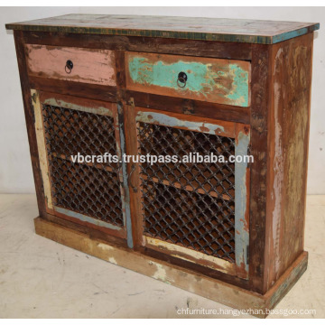 Recycled Scrap Color Wood Iron Jali Panel Sideboard